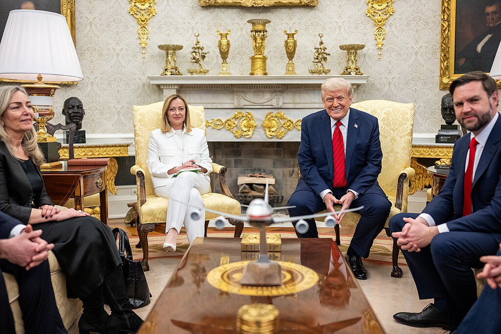 President Donald Trump holds a bilateral meeting with Prime Minister Giorgia Meloni of Italy in the Oval Office. Official White House Photo. Image by The White House, Public domain, via Wikimedia Commons.