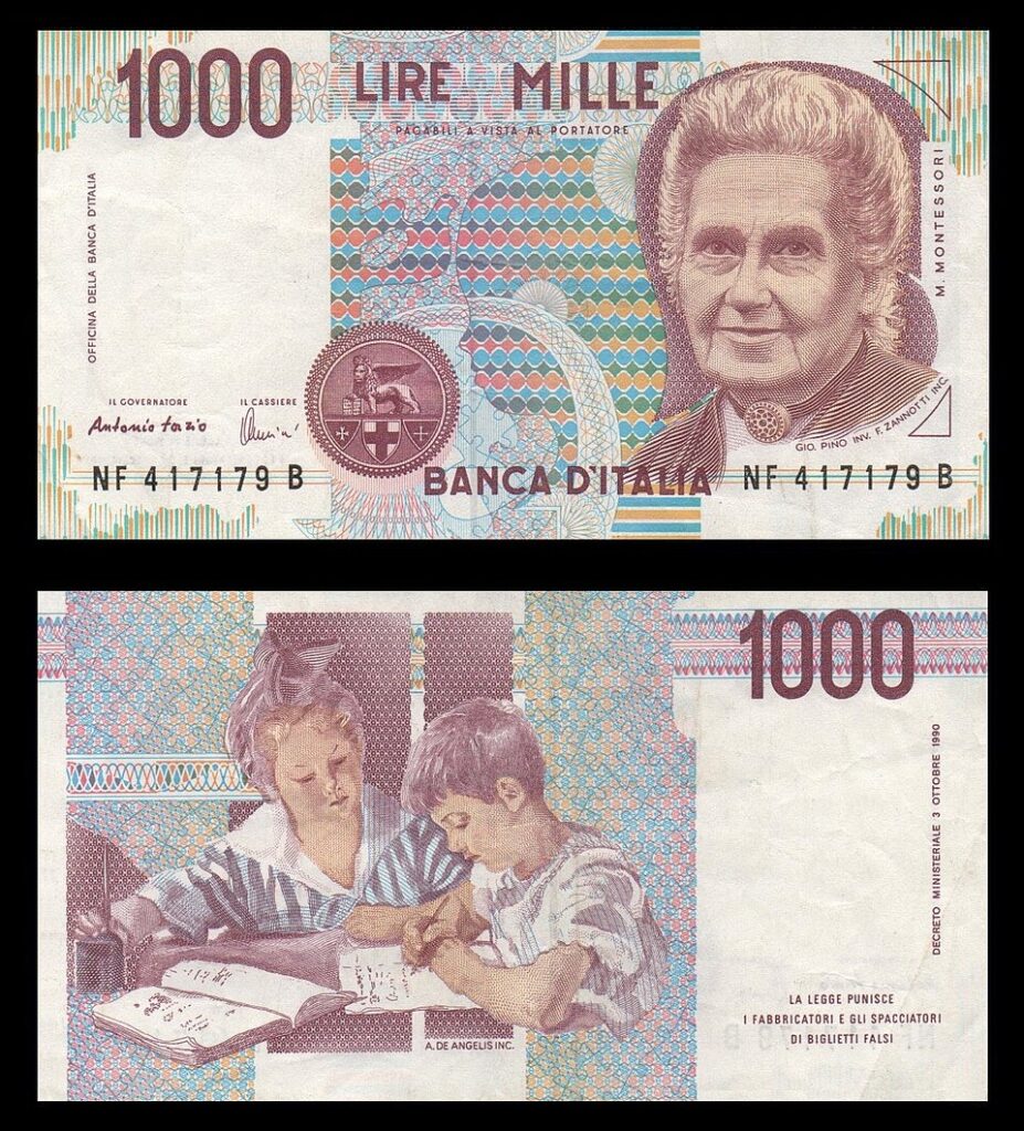1000 Lire Maria_Montessori Image by scan by F l a n k e r, CC BY-SA 3.0, via Wikimedia Commons