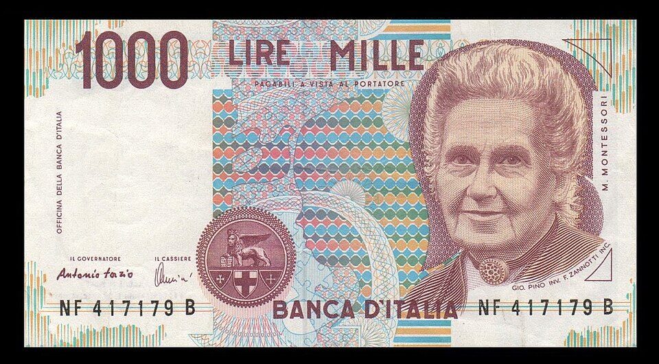 1000 Lire Maria_Montessori Image by scan by F l a n k e r, CC BY-SA 3.0, via Wikimedia Commons
