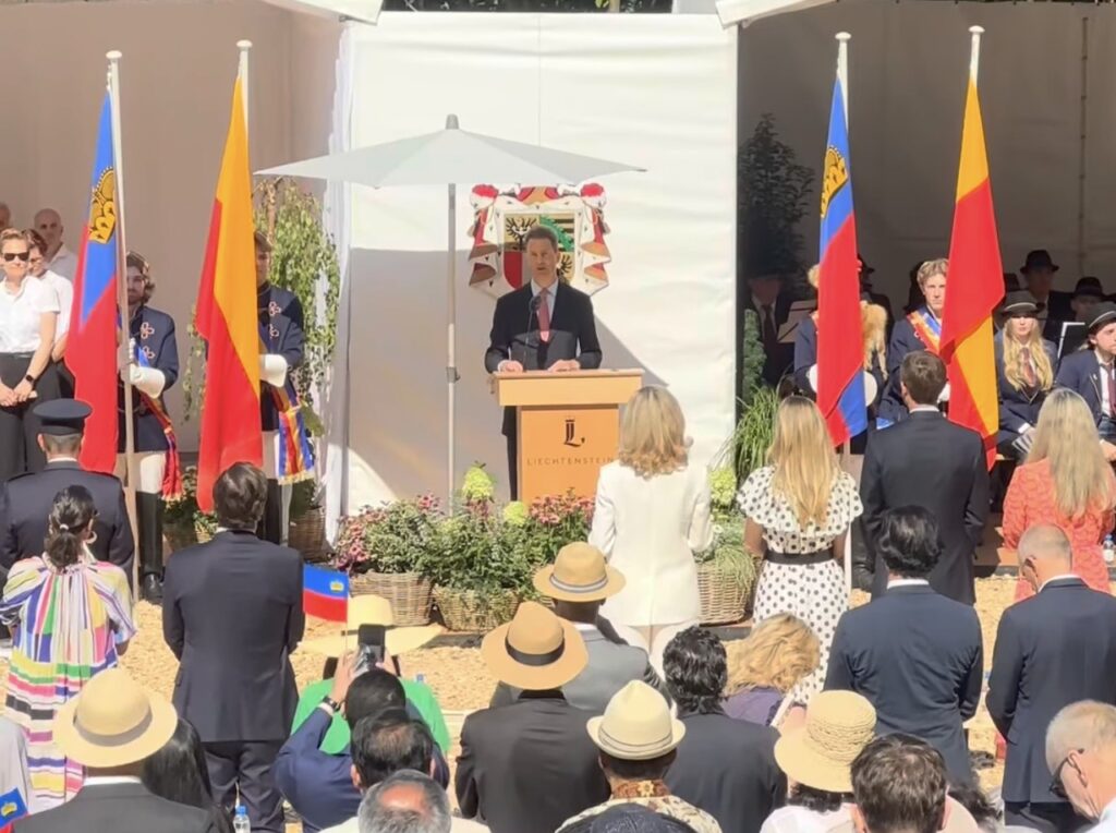 Liechtenstein’s Hereditary Prince Alois delivers a speech during the National Day celebrations. Photo by Ezio Cairoli